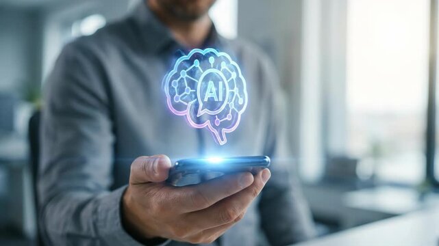 Man using smartphone to interact with holographic artificial intelligence symbol. Conceptual digital interface of chatbot technology. Modern communication and smart connectivity innovation.
