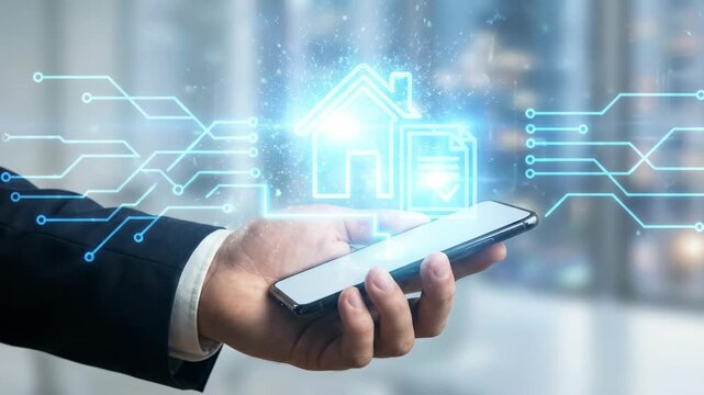 Businessman holding smartphone with digital smart home interface. Modern technology for residential property control. Concept of house automation, mobile app development and internet of things.