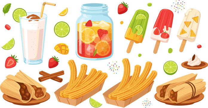 Mexican Sweet Snack and Drink Collection with Churros, Fruit Popsicles, Horchata, Fresh Fruit Jar, Cinnamon Sticks, and Traditional Dessert Vector Illustration Set