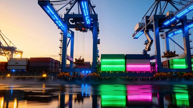 Neon lit container cranes loading colorful cargo at modern harbor on wet dock with water reflections and twilight sky in background. Concept of global logistics technology