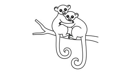 Lemur Line Art: An artistic depiction of two endearing lemur nestled together on branch, capturing a bond and a sense of connection. © mahmuda428
