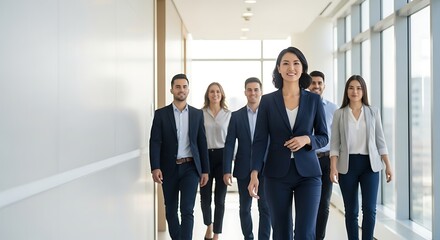 Confident diverse business team proudly walking forward down a brightly lit modern corporate office hallway toward the camera symbolizing leadership and professional achievement