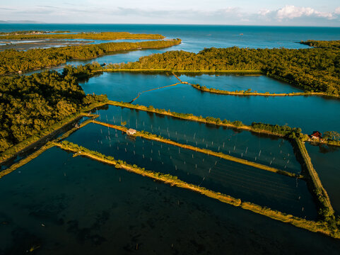 Aerial view of the expansive fishponds reflecting the sky, bordered by lush greenery meeting the sea, creating a serene landscape, Barotac Nuevo, Western Visayas, Philippines.