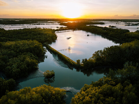 Aerial view of a tranquil lake reflecting the golden sunset, surrounded by lush green trees, a bridge stretching across the water, Barotac Nuevo, Western Visayas, Philippines.