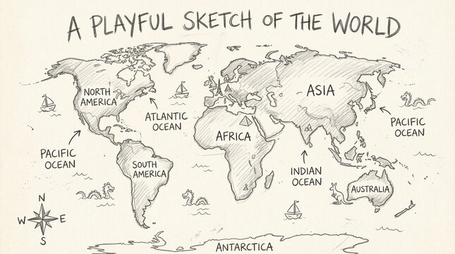 World map sketch with continents and playful global travel illustrations