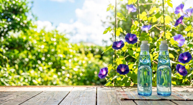 朝顔とラムネ瓶の夏風景