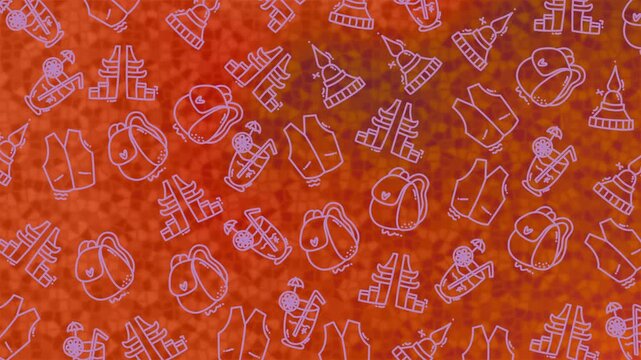 A bright orange winter pattern with hand drawn mittens hats and boots for festive backgrounds and seasonal design projects suitable for stock use