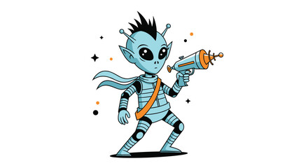 Obraz premium Little blue alien character wearing space armor holds a futuristic ray gun blaster with stars scattered in the background.
