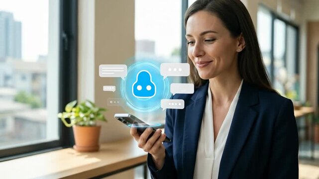 Woman using smartphone for artificial intelligence chatbot conversation. Digital messenger with chatbot icon on mobile screen. Future technology for customer service and automated communication.