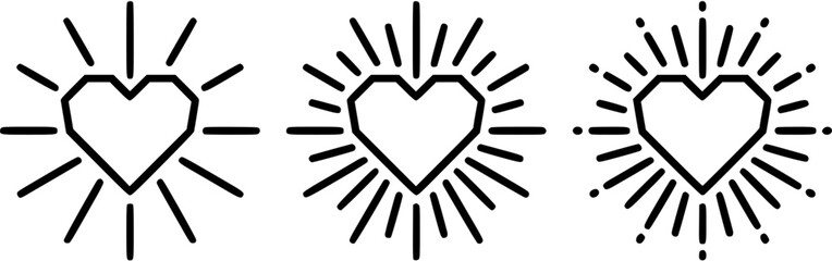 Fototapeta premium Three heart symbols with radiating lines and dots on a white background representing love and affection in a simple black line art style