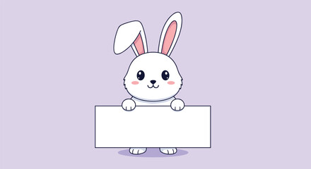 Fototapeta premium Sweet white bunny rabbit holds a blank horizontal sign for messages and greetings against a soft lavender purple background.