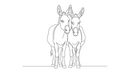 Two Donkeys: A charming line drawing of two donkeys standing side by side, their gentle expressions and upright ears capturing their humble nature. © AJM