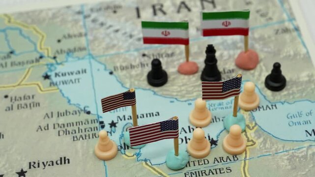 Strategic map showing the escalating tension between Iran and the United States in the Strait of Hormuz, symbolizing a geopolitical struggle for control over oil resources and regional influence