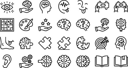 Fototapeta premium A collection of black line icons representing various brain and mental health concepts on a white background