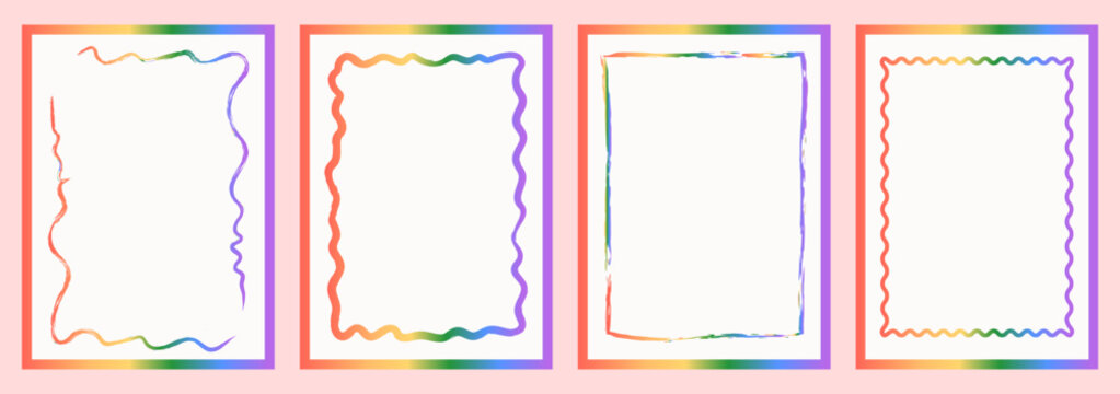 Vibrant rainbow gradient frame set. Retro hand-drawn wavy and rectangular borders with blank copy space. Funky neon line art labels for pride events, party invites, and modern stationery. Vector art.