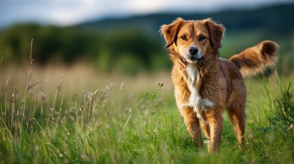 Gentle dog portrait in nature with soft bokeh and sunny mood