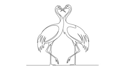 Fototapeta premium Elegant Crane Embrace: Two graceful cranes, their necks entwined in a loving heart shape, symbolize unity and affection. A minimalist line drawing captures their gentle affection.