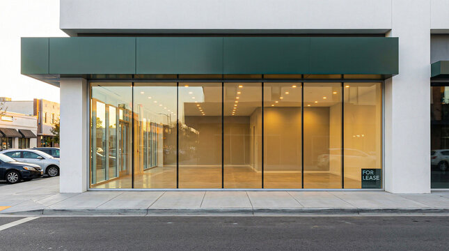 Empty storefront with large glass windows and for lease sign on street during daytime with cars parked nearby