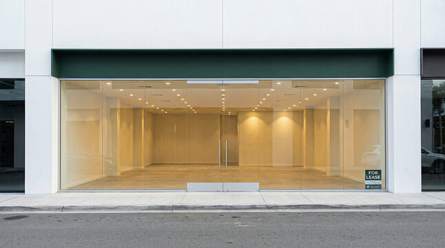 Empty storefront with large glass windows and for lease sign on street during daytime with empty interior