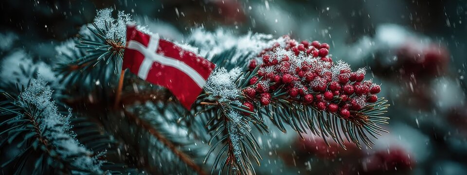 Snow on pine branches with red berries and a Denmark flag in winter scenery near a forest