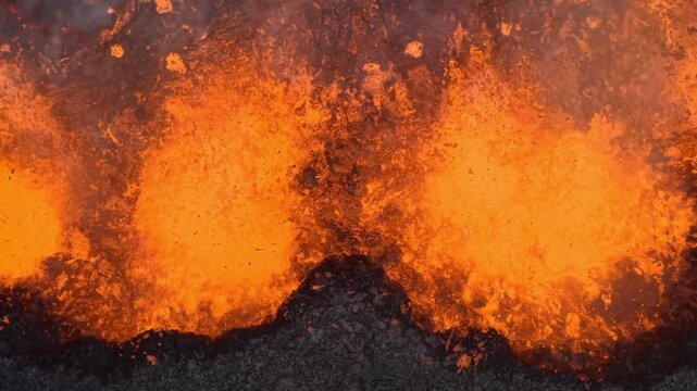 Aerial view of molten lava flowing with intense heat and smoke, contrasting sharply with the dark volcanic rock below, Grindavik, Grindavikurbaer, Iceland.