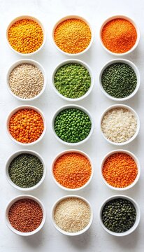 A Vibrant Selection of Grain Variety Bowls Featuring Colorful Herbs, Lentils, and Whole Grains