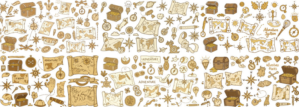 A whimsical collection of vintage adventure-themed illustrations featuring maps, treasures, and navigational tools.