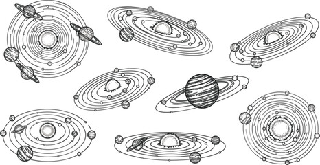 Hand Drawn Solar System Orbits and Planets Illustration Set with Galaxy Elements in Vintage Engraving Style for Astronomy, Space Science, and Universe Designs © Ruma