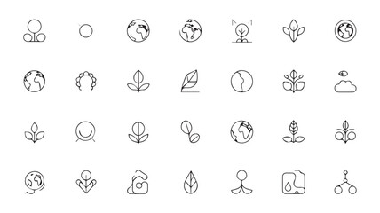 Obraz premium Minimalist eco icons: plants, earth globes, leaves, and growth symbols for nature and sustainability