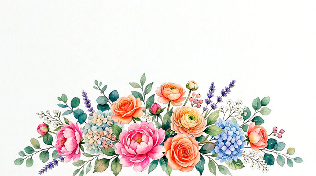 Detailed botanical hand-painted watercolor floral arrangement featuring lush pink peonies vibrant orange ranunculus and lavender stems on textured white paper background