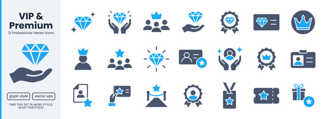 VIP status, loyalty glyph icon set. Exclusive membership benefit, diamond, premium quality minimal vector illustrations. Simple doutone signs for club member. Blue flat pictograms.