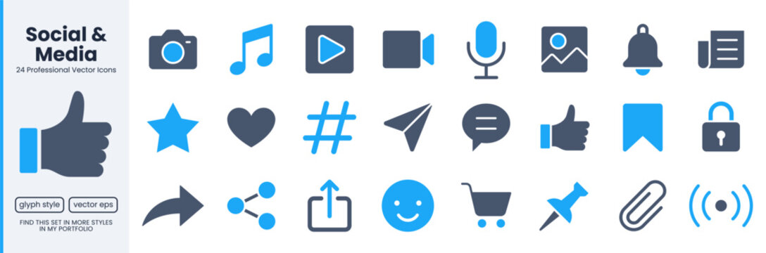Social media glyph icon set. Camera, chat bubble, heart, notification bell, shopping cart vector illustrations. Simple doutone signs for internet sns communication. Blue flat pictograms.