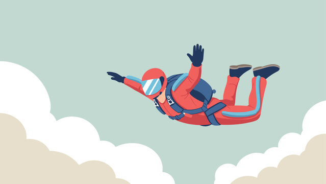 Skydiver in red gear gliding through clouds in minimalist cartoon style