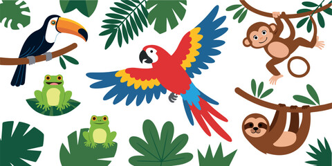 Tropical jungle animals illustration set with colorful parrot toucan monkey sloth frog and lush green leaves flat vector © Rafad_Studio