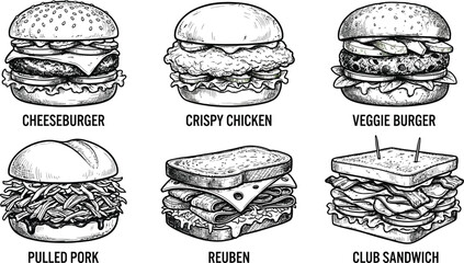 Six Classic Burgers and Sandwiches Set Flat Design Vector Illustration Food Graphic © Asibul