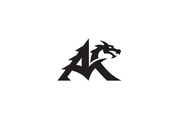 Distinctive ak monogram logo design featuring a fierce dragon head element