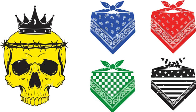 Vector illustration of a yellow skull with a black crown and barbed wire, alongside a set of four folded bandanas in blue, red, green checkered, and black striped patterns