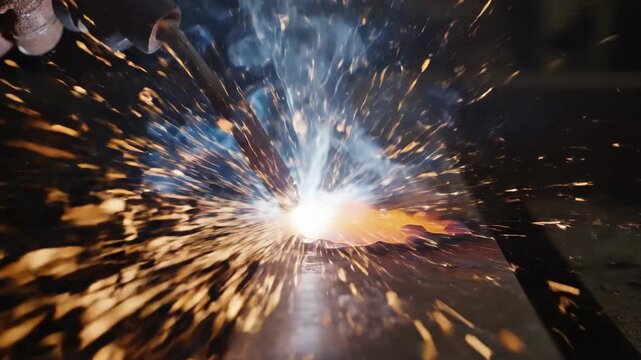 Sparks fly as a welder uses a welding torch on metal, creating bright flames and smoke in a workshop environment with tools and equipment visible