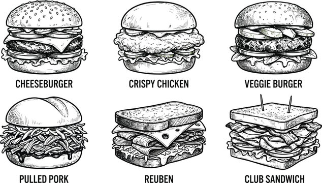 Six Classic Burgers and Sandwiches Set Flat Design Vector Illustration Food Graphic