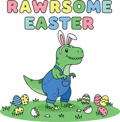 Fototapeta premium illustration of a cute cartoon t-rex dinosaur in a bunny ear headband and overalls for rawrsome easter