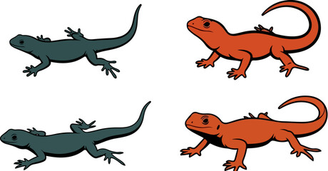 Naklejka premium Set of 4 Cartoon Lizards Vector Illustration with Two Dark Green and Two Orange Reptiles for Nature and Wildlife Designs