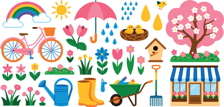 Spring garden elements collection with flowers bicycle umbrella wheelbarrow birds and blooming tree colorful vector illustration set
