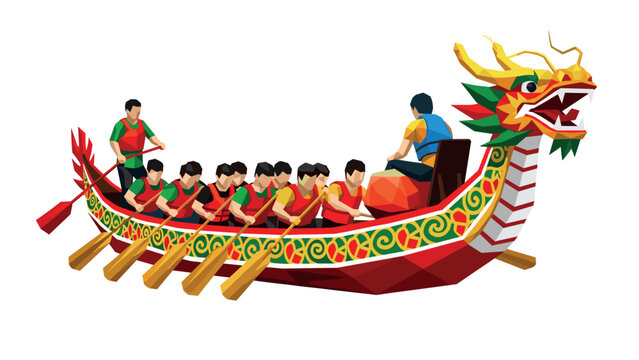 Colorful low poly dragon boat racing scene with team rowing in unison