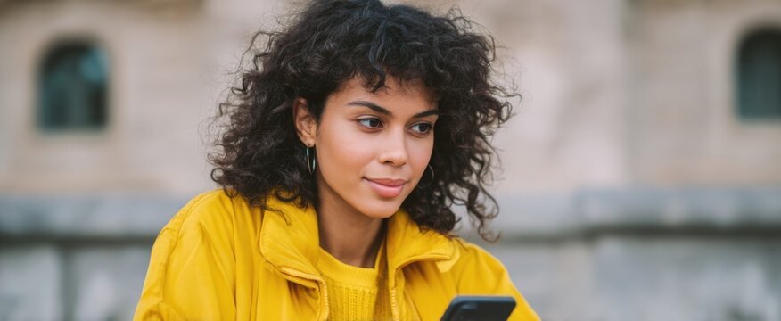 energetic young latina woman exploring innovative cryptocurrency app on smartphone in sunny outdoor setting
