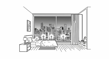 Fototapeta premium Bedroom interior with large window overlooking a nighttime cityscape