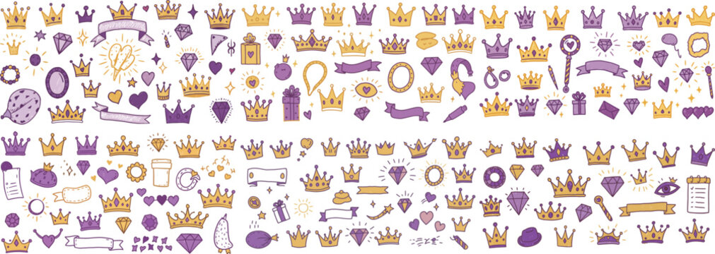 Colorful collection of crowns, diamonds, and regal symbols in purple and gold tones.
