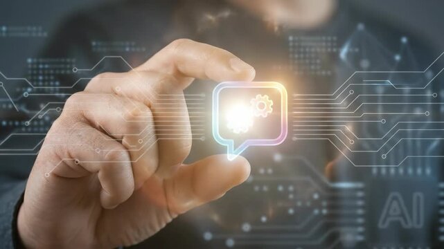 Man using smartphone to interact with holographic artificial intelligence symbol. Conceptual digital interface of chatbot technology. Modern communication and smart connectivity innovation.