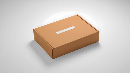 Obraz premium Brown cardboard shipping box with a white label slit, isolated on a light gray background