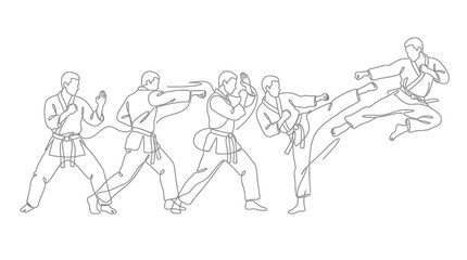 Sequence of a martial artist performing a karate kick in a dynamic line art illustration
