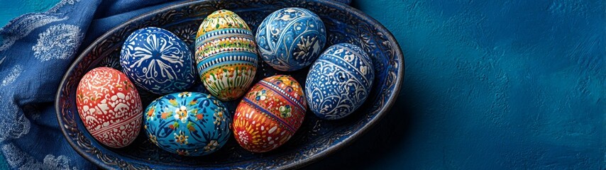 Chic easter arrangement with artistic painted eggs. Branding asset. Decorative easter eggs on a deep blue canvas with light reflections. Lifestyle shot. Luxury style.